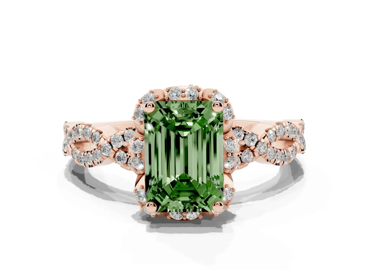 Fancy Green Emerald Cut Halo Twist Band Solitaire Ring with Six-Prong Setting Rose gold