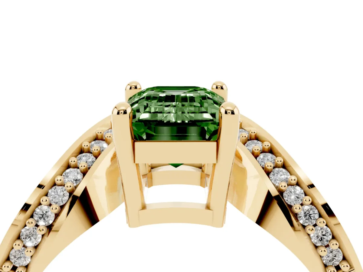 Fancy Green Emerald Cut Solitaire Diamond Engagement Ring with Pave Band and Four-Prong Setting Yellow gold