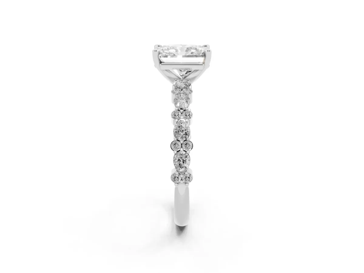 Radiant Cut Diamond Side Stone Solitaire Ring with Round and Four-Prong Setting Platinum