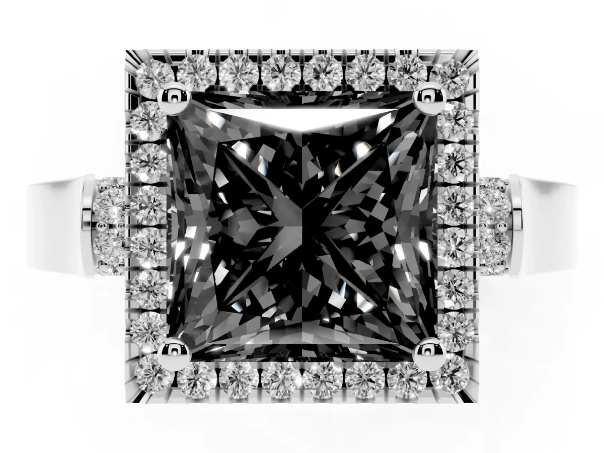 Fancy Black Princess Cut Halo Round Diamond Twist Band with Four-Prong Setting White gold