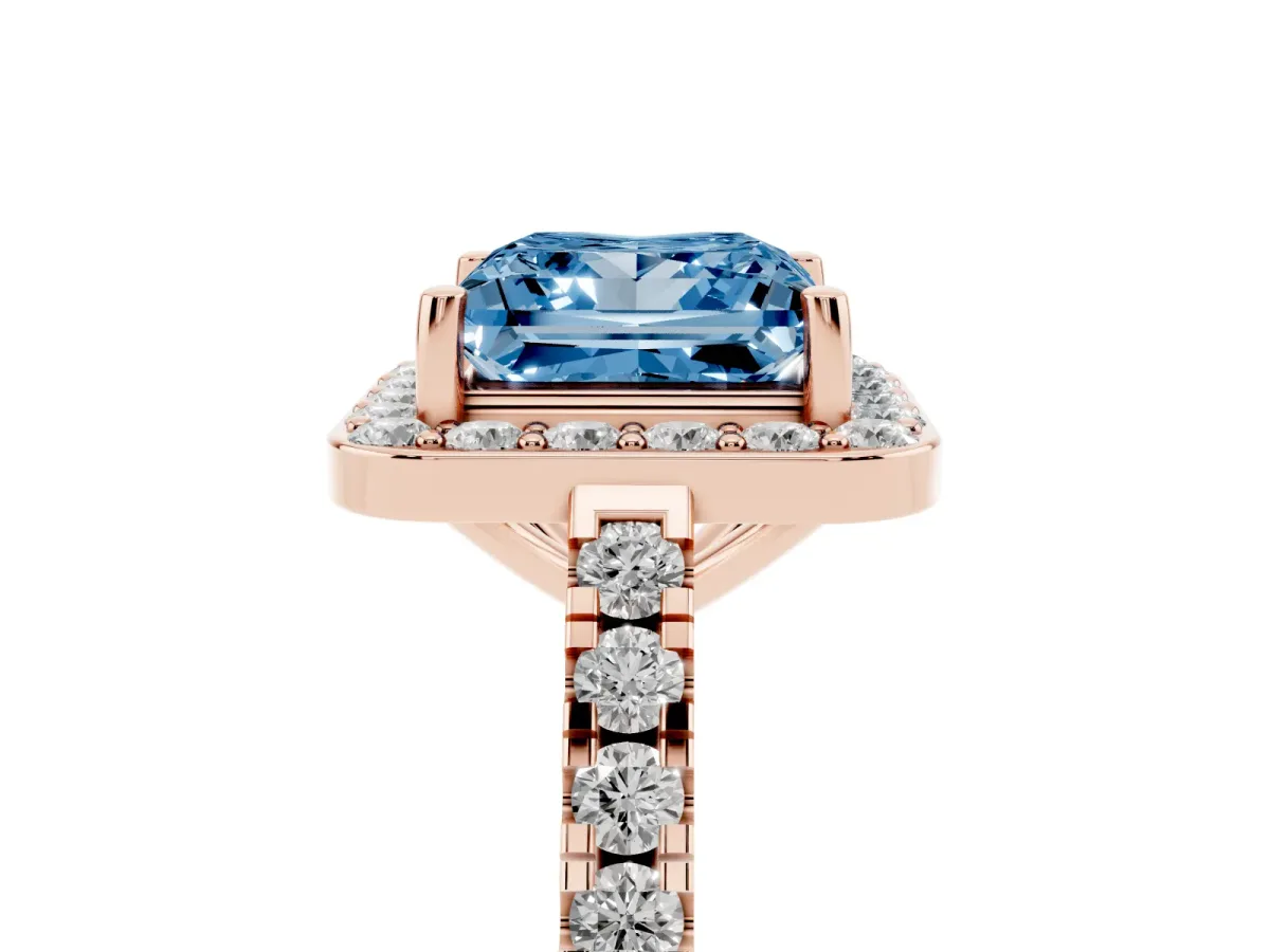 Fancy Blue Princess Cut Diamond Halo Ring with Round Pavé Split Shank and Prong Setting Rose gold