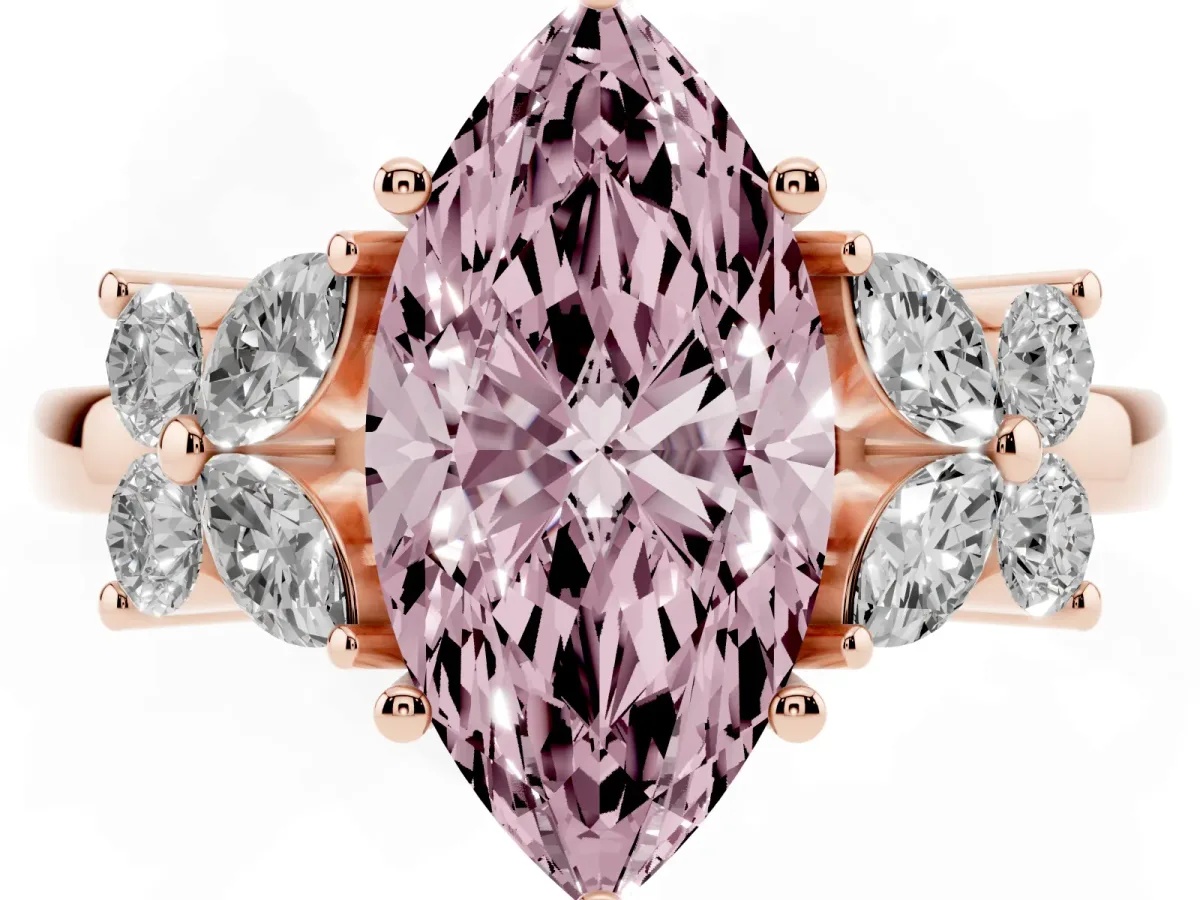 Fancy Pink Marquise Cut Diamond Floral Cluster Ring with Solitaire Band and Prong Setting Rose gold