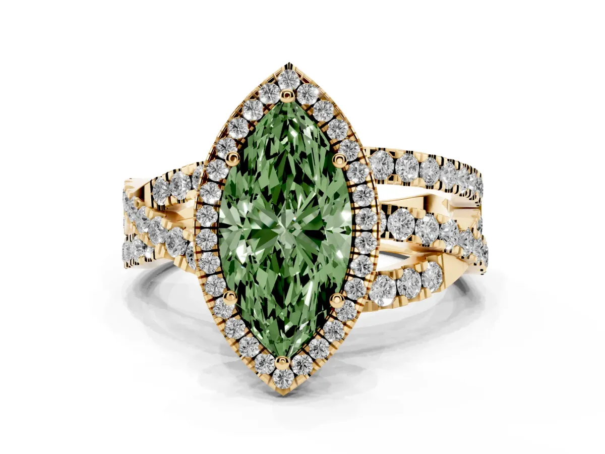 Fancy Green Marquise Cut Diamond Halo Ring with Round Split Shank and Prong Setting Yellow gold