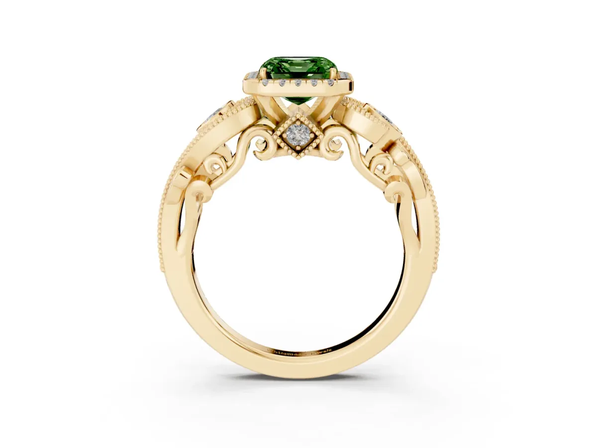 Fancy Green Asscher Cut Diamond Halo Ring with Milgrain Pavé Band and Four-Prong Setting Yellow gold