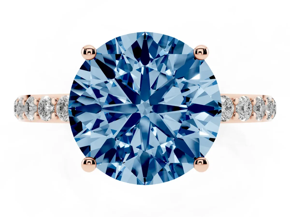 Fancy Blue Round Cut Diamond Solitaire Ring with Round Pavé Shoulders and Prong Setting Rose gold