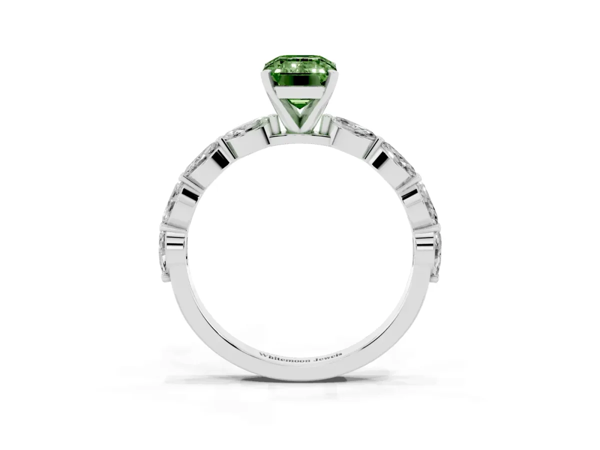 Fancy Green Emerald Cut Diamond Ring with Marquise Side Stones and Prong Setting Platinum