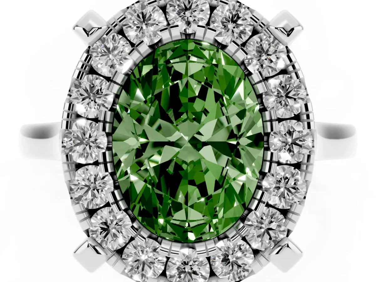 Fancy Green Oval Cut Diamond Cluster Halo Solitaire with Four-Prong Setting Platinum