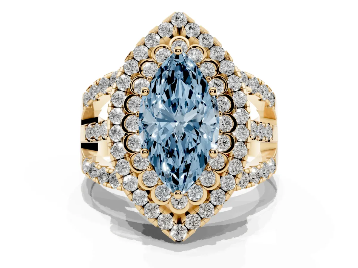 Fancy Blue Marquise Cut Diamond Double Halo Ring with Round Pavé Split Shank and Prong Setting Yellow gold