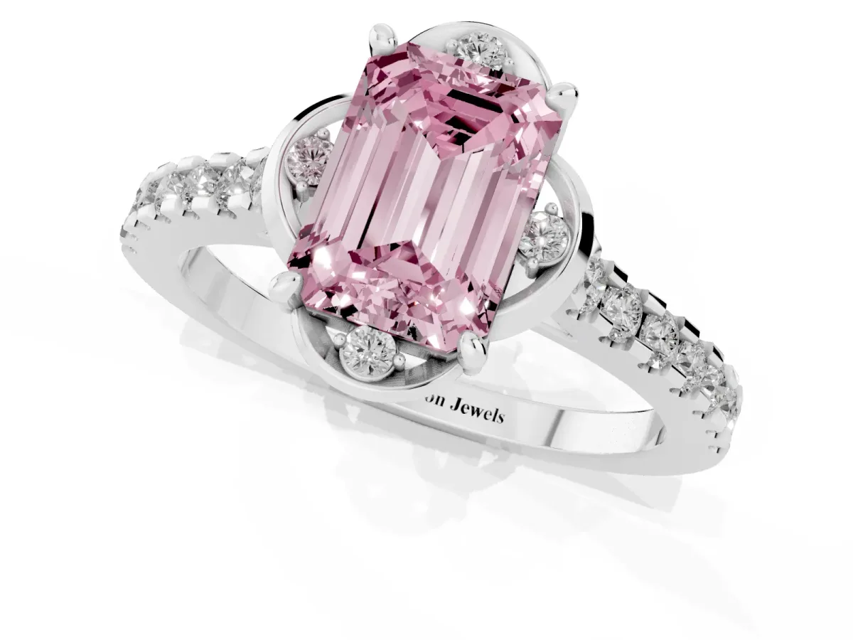 Fancy Pink Emerald Cut Diamond Ring with Pavé Band and Floral Prong Setting Silver