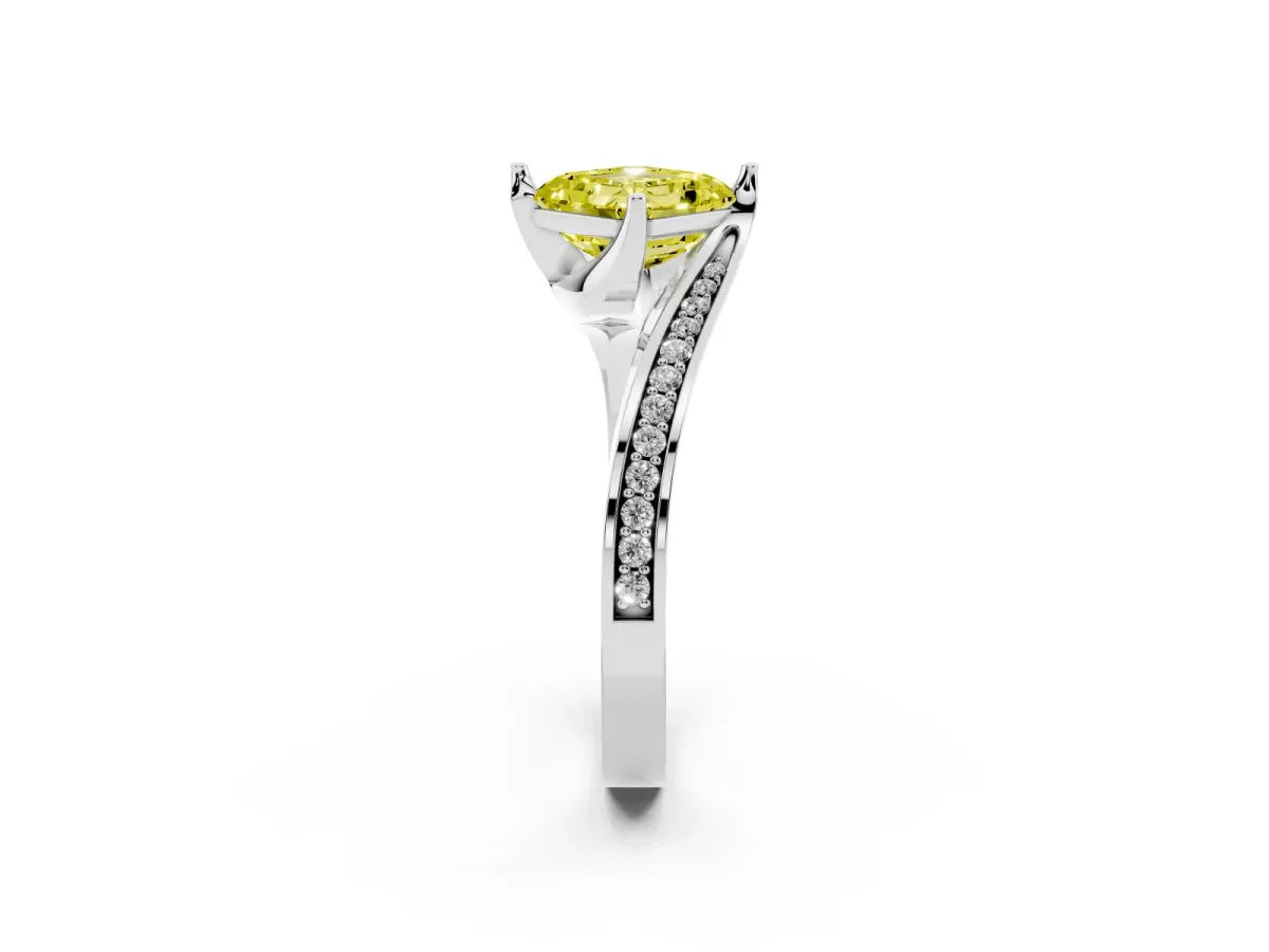 Fancy Yellow Asscher Cut Solitaire Diamond Twist Band with Pavé Setting and Four-Prong Setting Silver