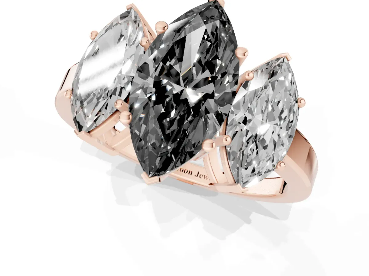 Fancy Black Three-Stone Marquise Cut Cut Diamond Engagement Ring with Flat Band and Four-Prong Setting Rose gold
