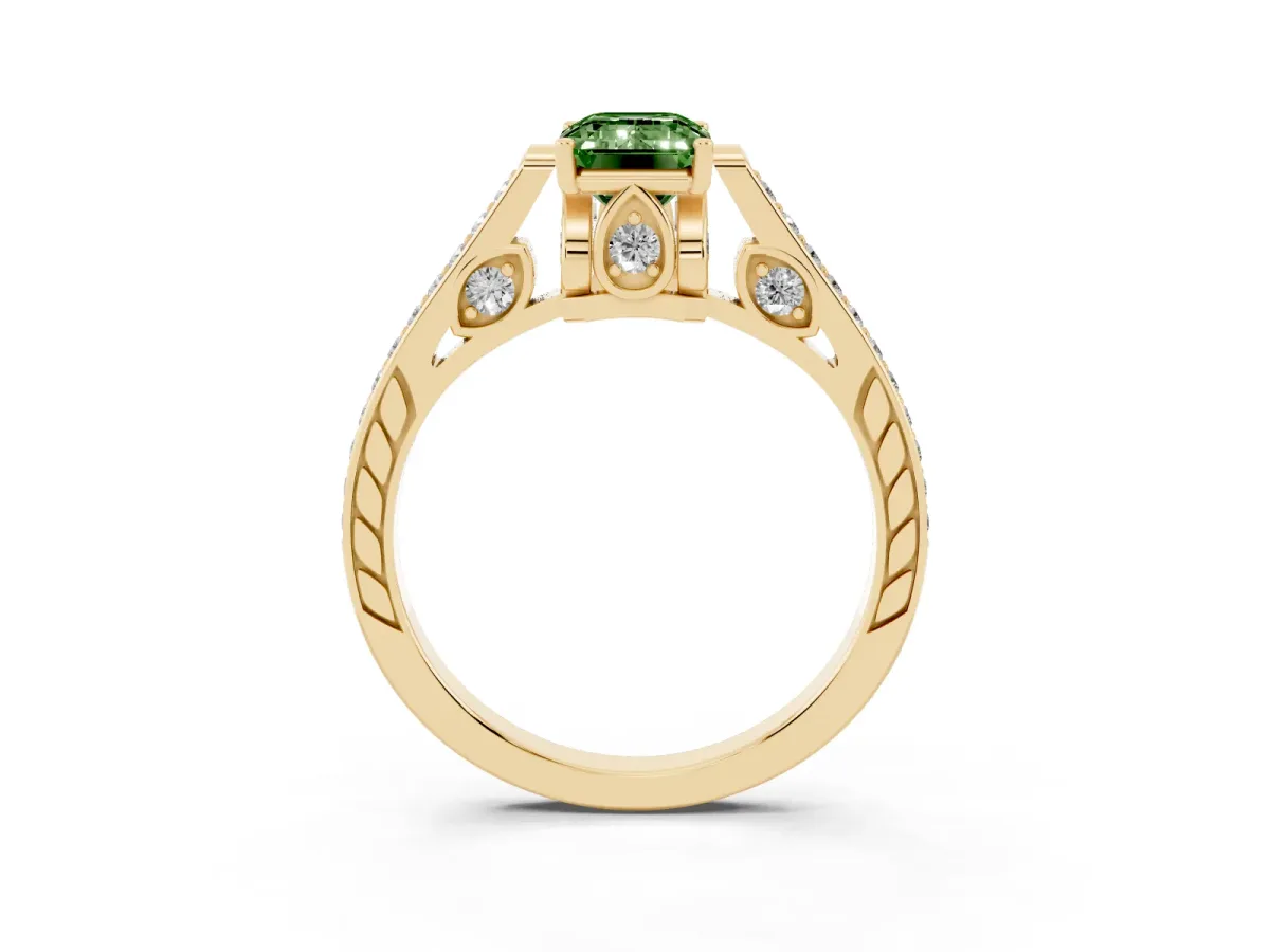 Fancy Green Emerald Cut Cut Cathedral Pave Diamond Engagement Ring with Six-Prong Setting Yellow gold