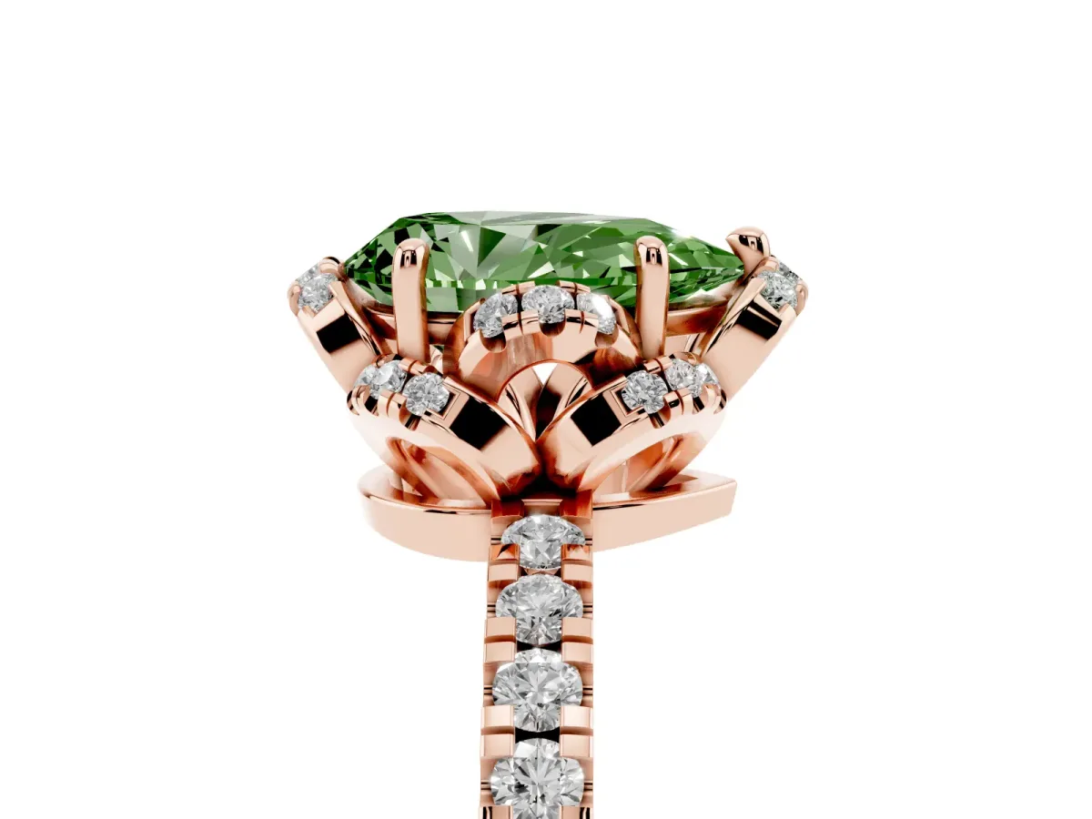 Fancy Green Pear Cut Halo Diamond Pave Band Ring with Four-Prong Setting Rose gold