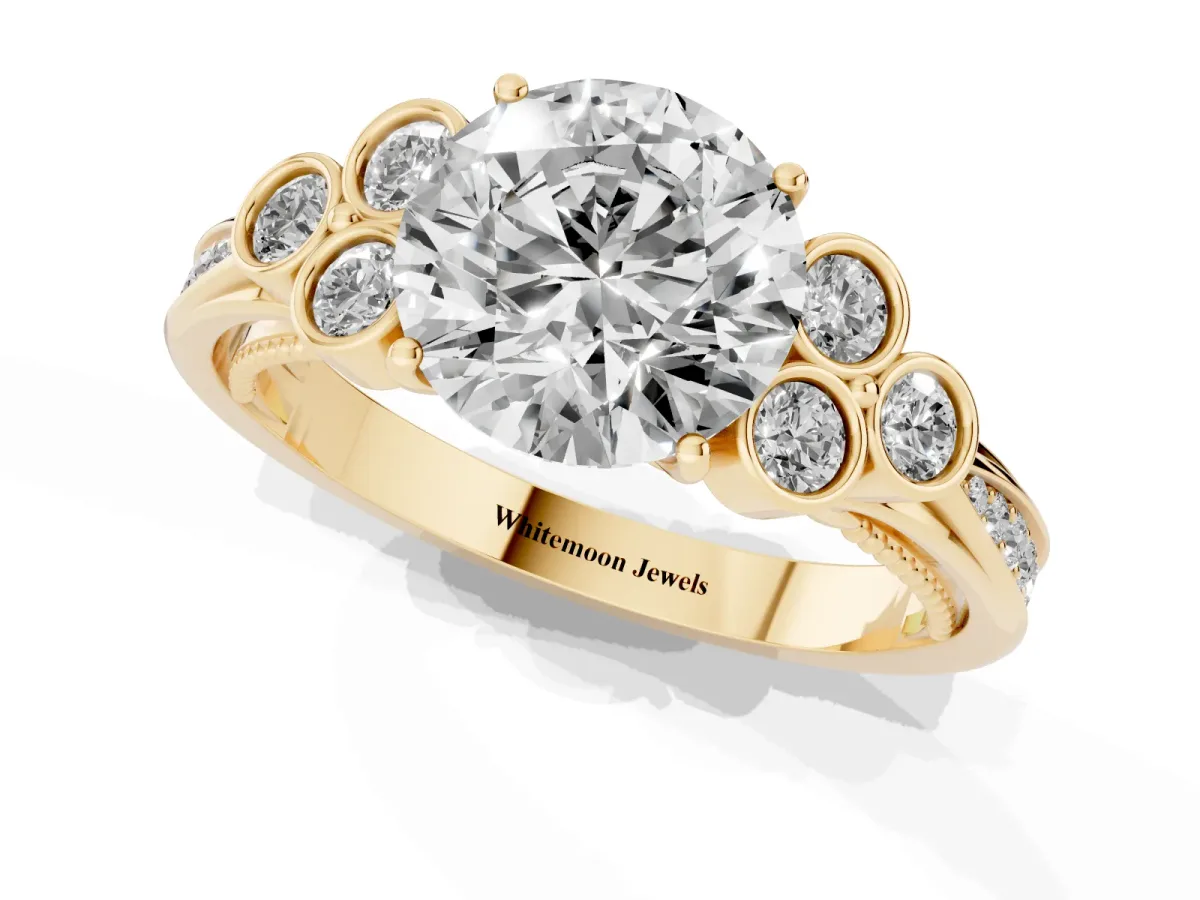 Round Cut Cut Diamond Engagement Ring with Bezel Set Round Side Stones and Prong Setting Yellow gold