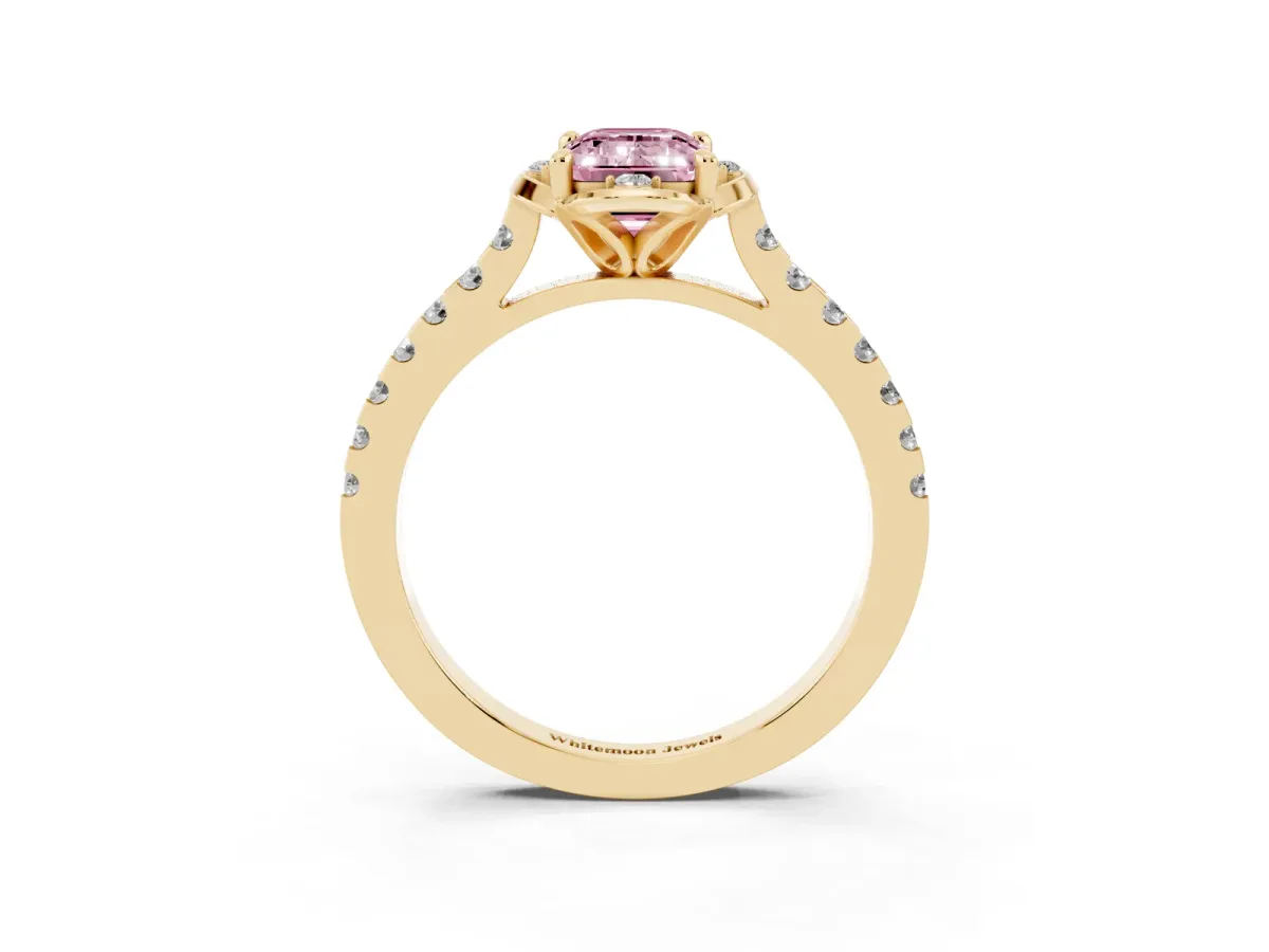 Fancy Pink Emerald Cut Diamond Ring with Pavé Band and Floral Prong Setting Yellow gold