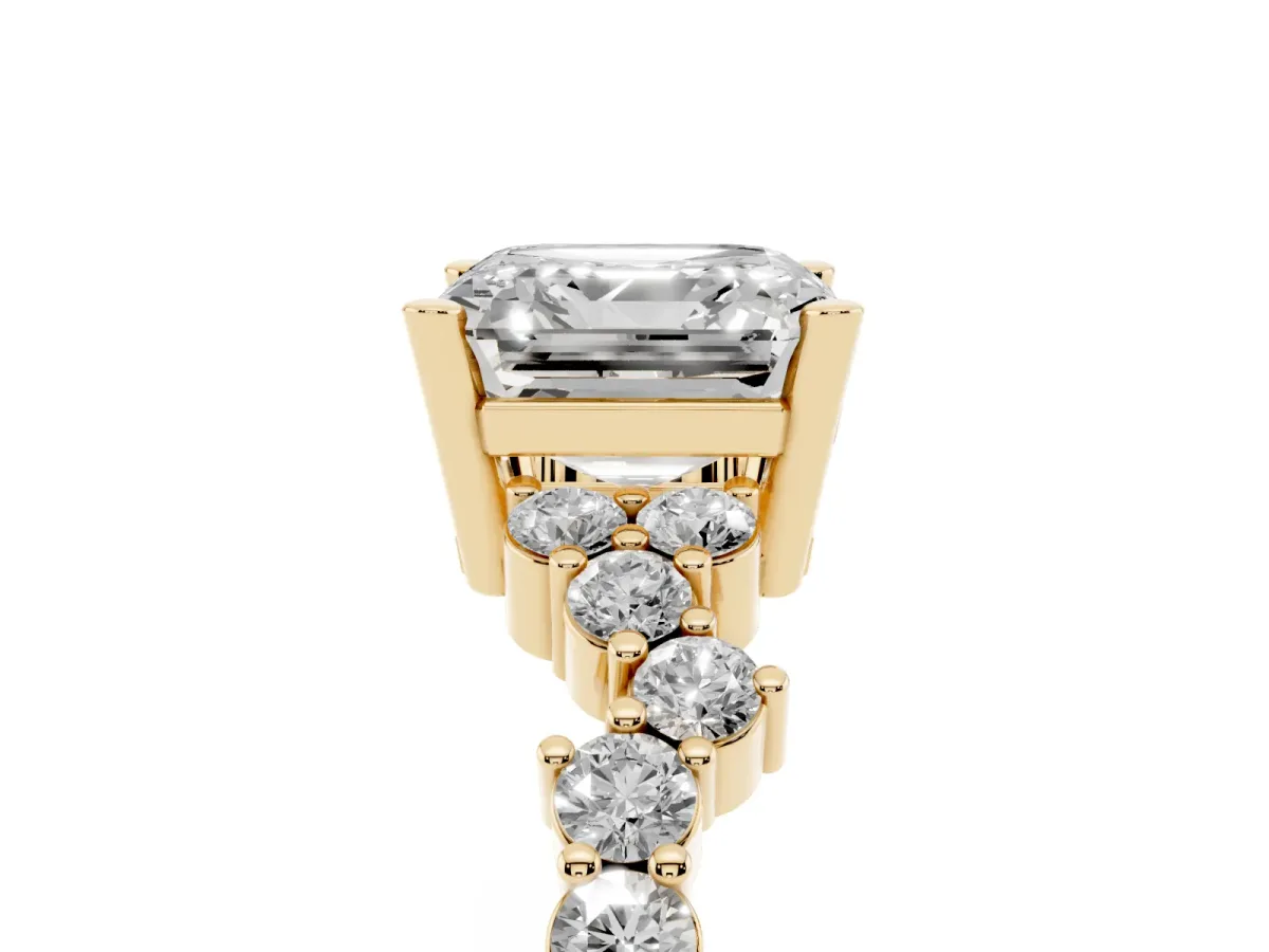 Asscher Cut Diamond Scattered Round Accent Ring with Prong Setting Yellow gold
