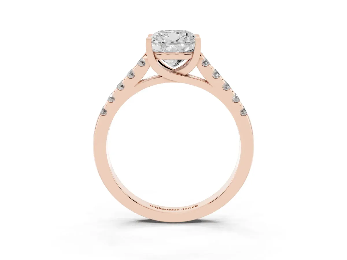 Cushion Cut Diamond Pavé Band Solitaire Ring with Prong Setting Rose gold