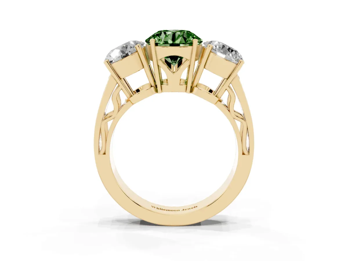 Fancy Green Round Cut Diamond Three-Stone Ring with Prong Setting and Textured Band Yellow gold