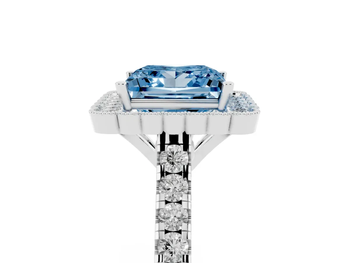Fancy Blue Princess Cut Cut Diamond Milgrain Floral Halo Engagement Ring with Pavé Band Platinum