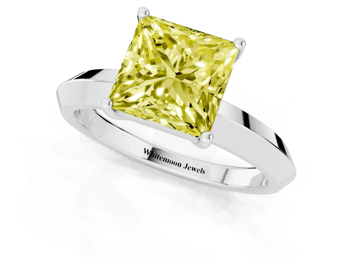 Fancy Yellow Princess Cut Cut Solitaire Engagement Ring with Flat Band and Four-Prong Setting Platinum