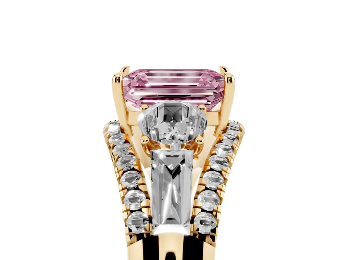 Fancy Pink Three-Stone Emerald Cut Diamond Engagement Ring with Pave Band and Prong Setting Yellow gold