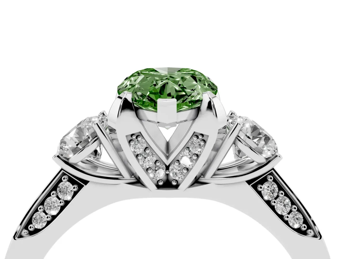 Fancy Green Pear Cut Brilliant Three-Stone Diamond Ring with Pavé Band and Four-Prong Setting Silver