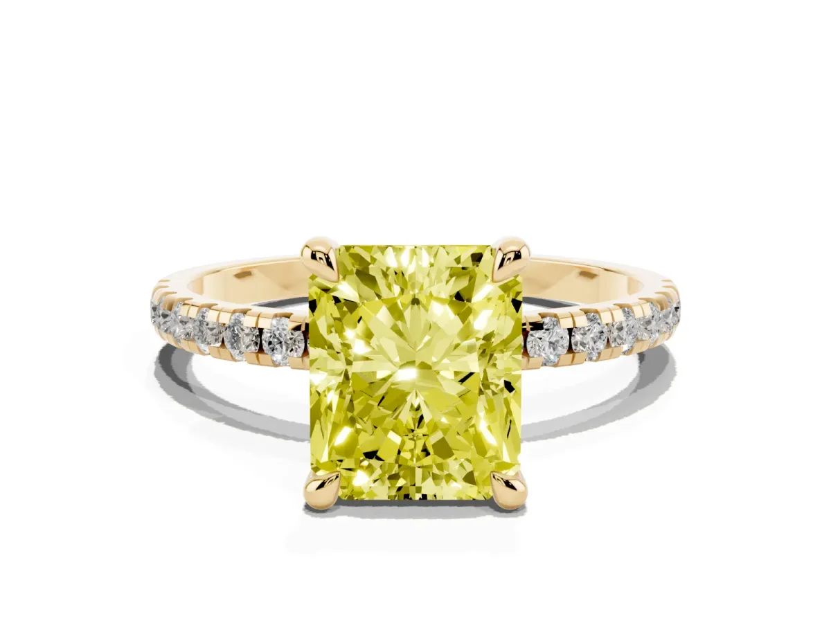 Fancy Yellow Radiant Cut Diamond Brilliant Solitaire Ring with Pavé Band and Four-Prong Setting Yellow gold