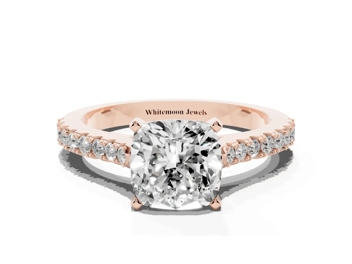 Cushion Cut Cut Solitaire Diamond Engagement Ring with Pave Band and Four-Prong Setting Rose gold