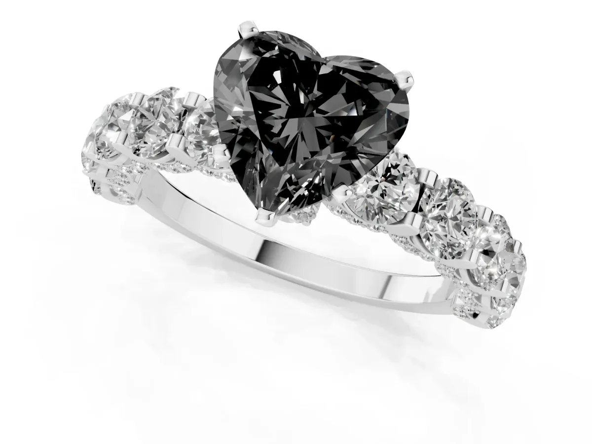 Fancy Black Heart Cut Diamond Side Stone Engagement Ring with Four-Prong Setting Silver