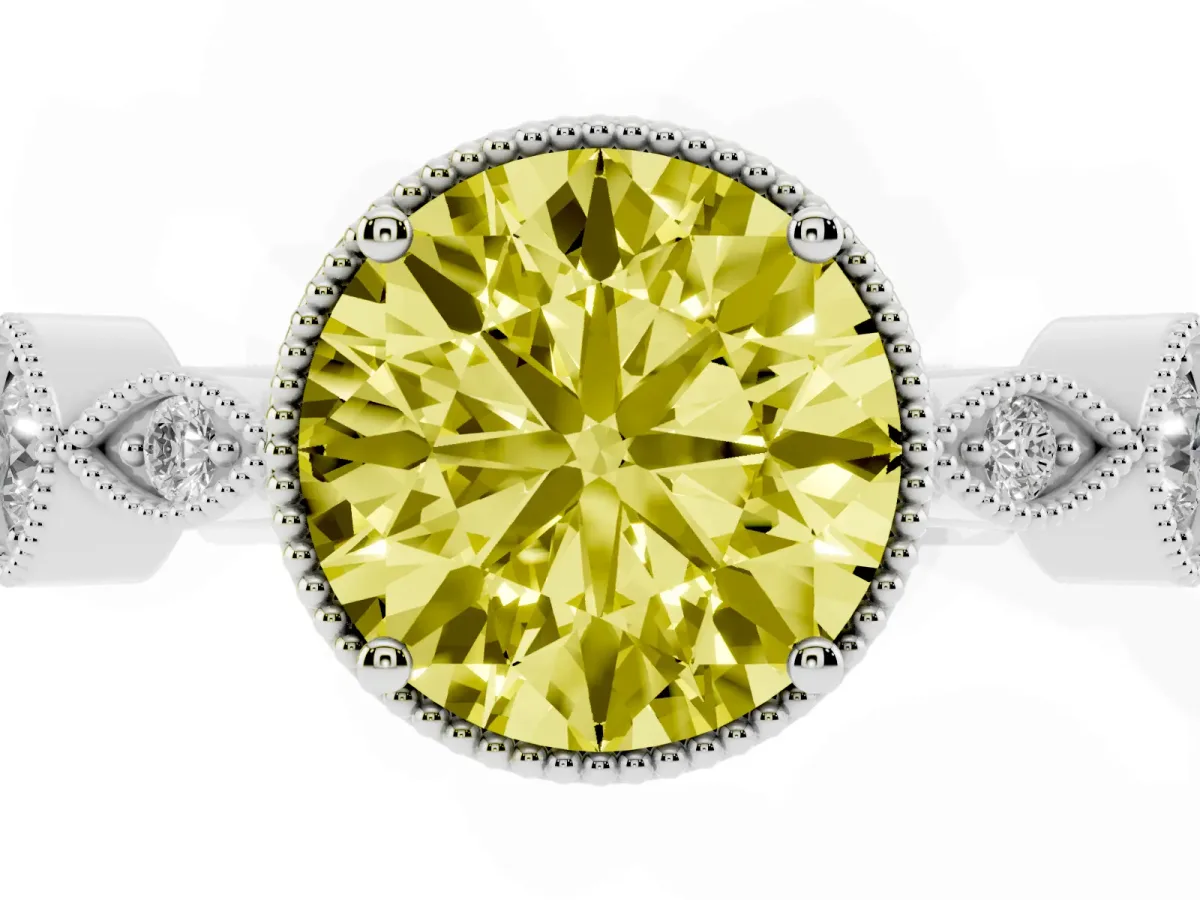 Fancy Yellow Round Cut Diamond Vintage Milgrain Ring with Round Stations Platinum
