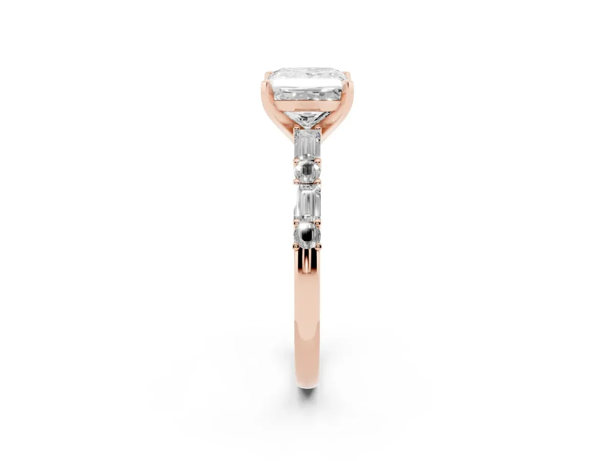 Princess Cut Diamond Solitaire with Side Baguettes and Channel Set Band Rose gold