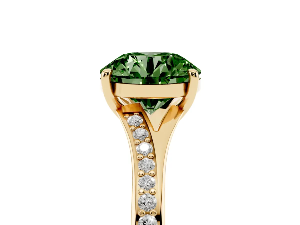 Fancy Green Round Cut Diamond Solitaire Ring with Pavé Band and Prong Setting Yellow gold