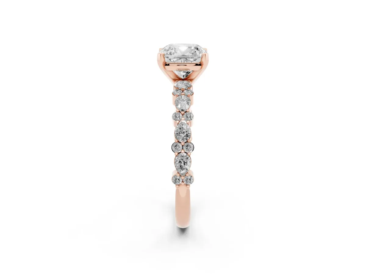 Cushion Cut Diamond Side Stone Solitaire Ring with Round and Four-Prong Setting Rose gold