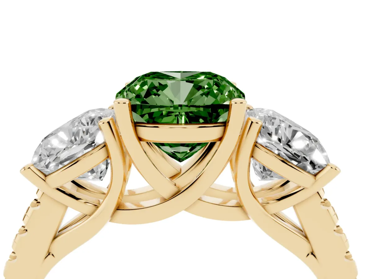 Fancy Green Three-Stone Cushion Cut Diamond Ring with Round Pavé Band and Prong Setting Yellow gold
