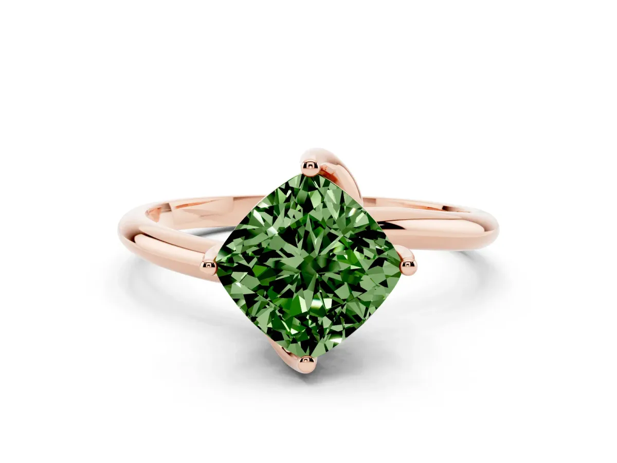 Fancy Green Cushion Cut Diamond Solitaire Engagement Ring with Four-Prong Setting and Classic Band Rose gold