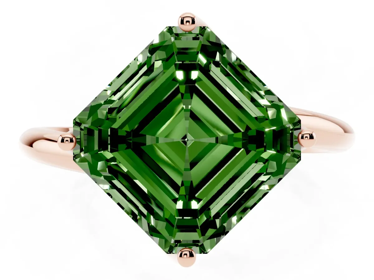 Fancy Green Asscher Cut Diamond Solitaire Engagement Ring with Four-Prong Setting and Classic Band Rose gold