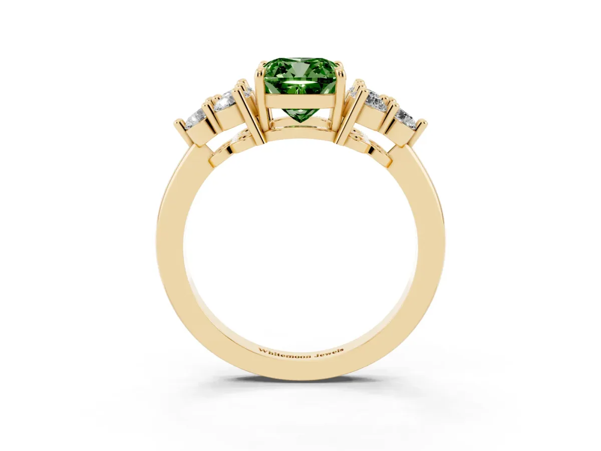 Fancy Green Cushion Cut Brilliant Diamond Cluster Accent Solitaire Ring with Prong Setting Yellow gold