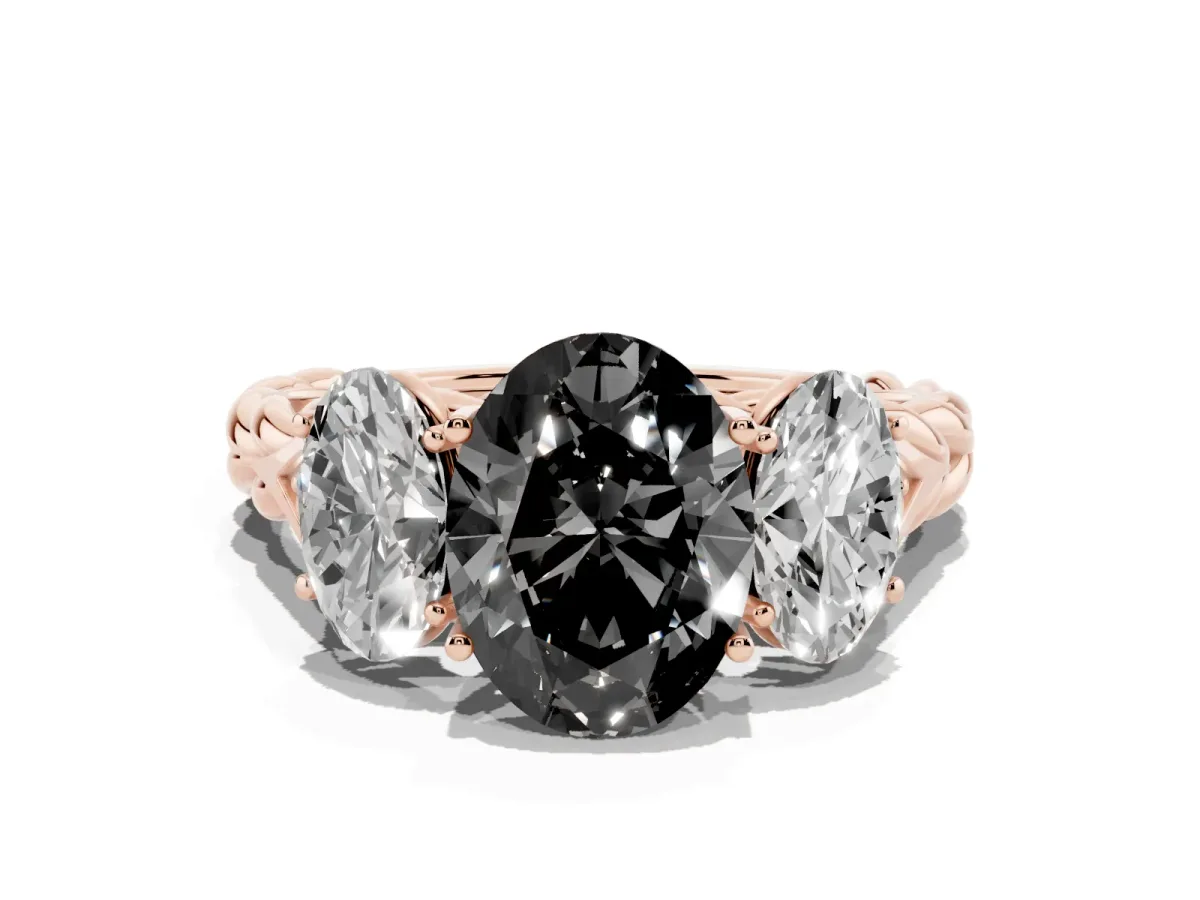 Fancy Black Three-Stone Oval Cut Diamond Braided Band Ring with Four-Prong Setting Rose gold