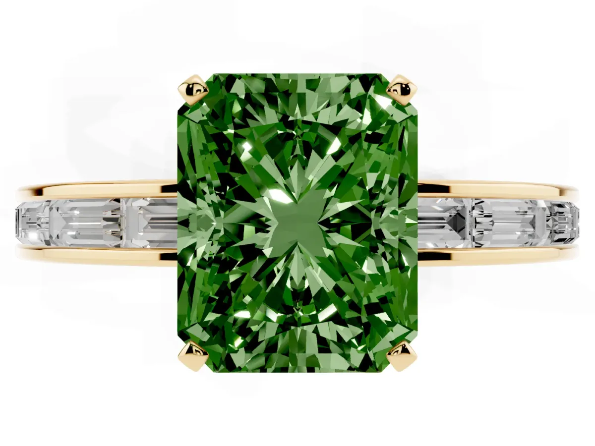 Fancy Green Radiant Cut Solitaire Diamond Ring with Channel-Set Baguette Band and Four-Prong Setting Yellow gold