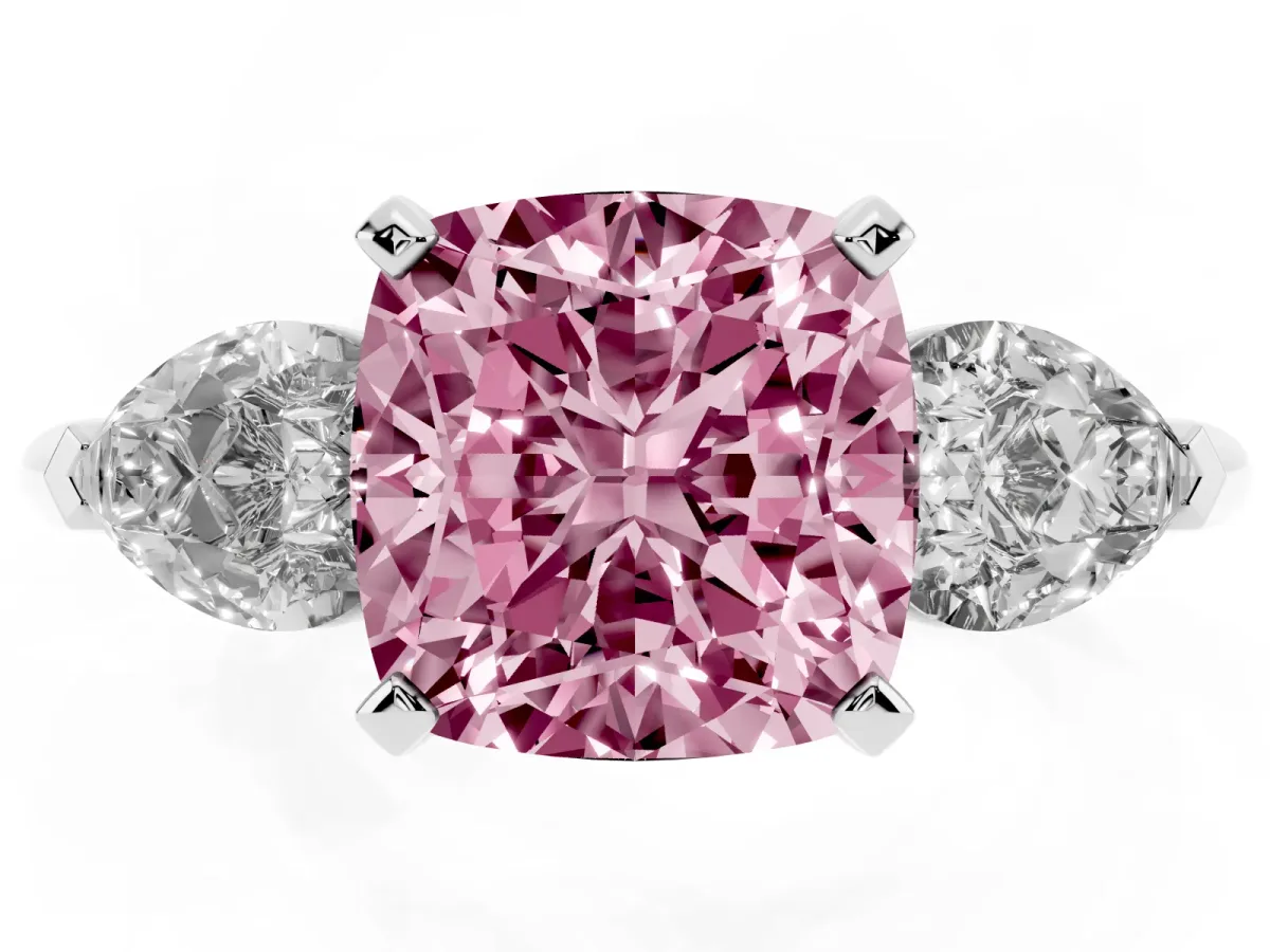 Fancy Pink Three-Stone Cushion Cut Diamond Ring with Pear Side Stones and Four-Prong Setting Silver