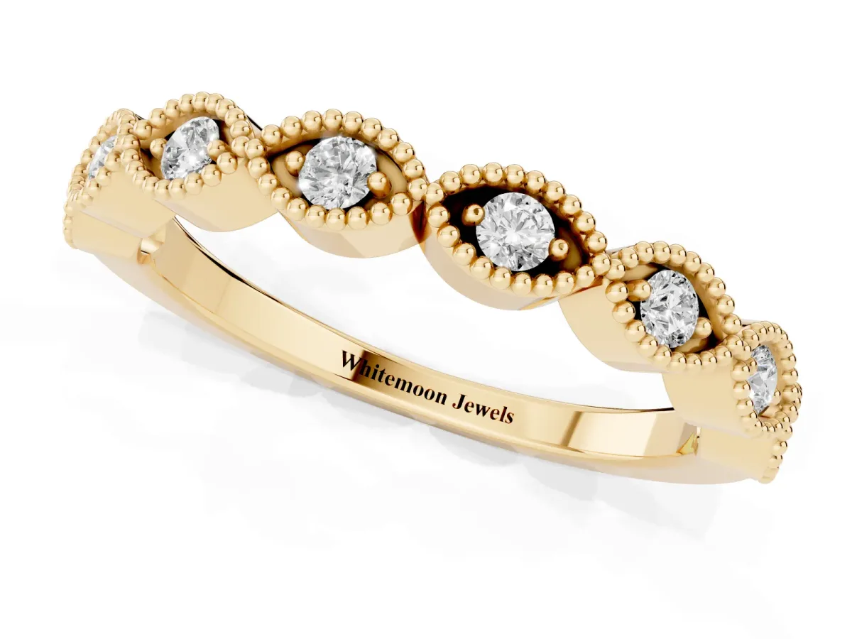 Milgrain Marquise Diamond Half Eternity Band with Bezel Setting Yellow gold
