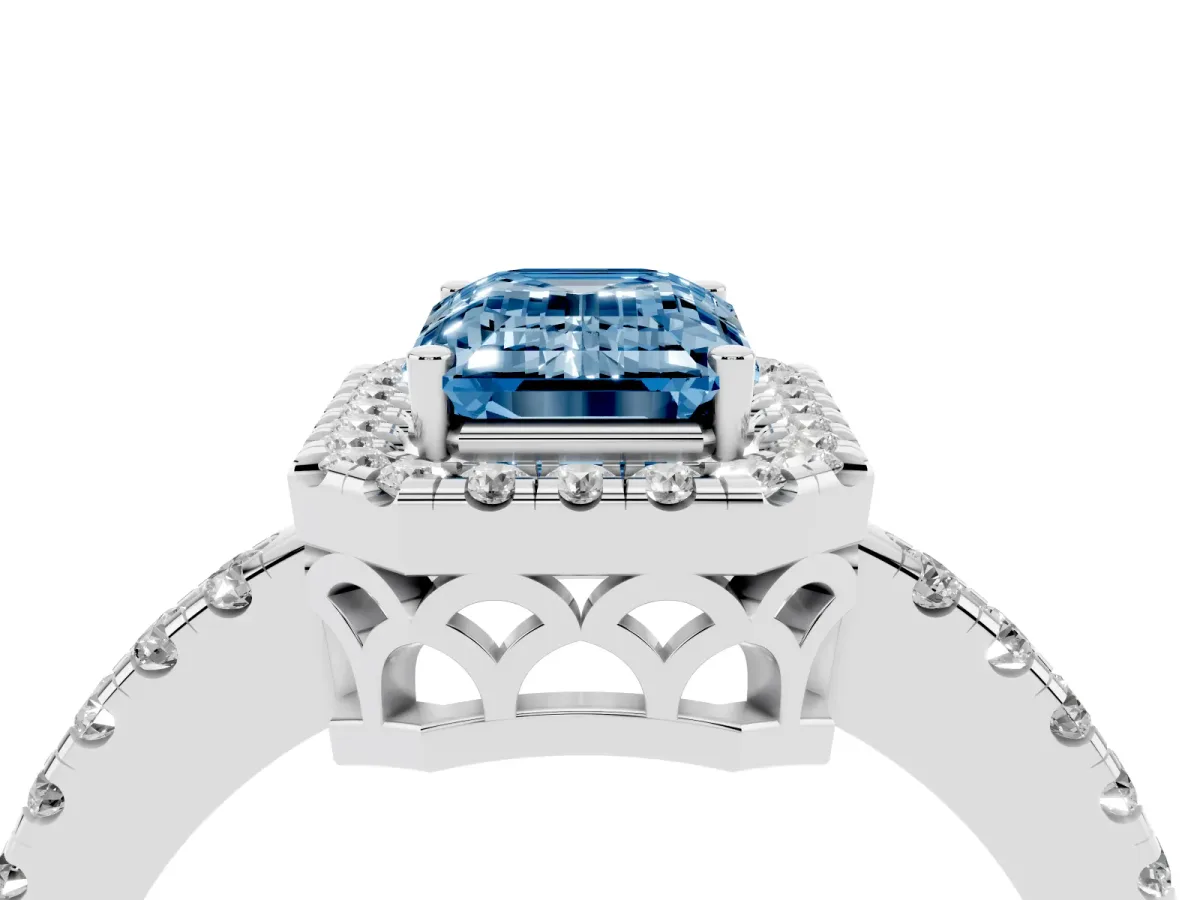 Fancy Blue Emerald Cut Halo Diamond Engagement Ring with Pavé Band and Four-Prong Setting White gold