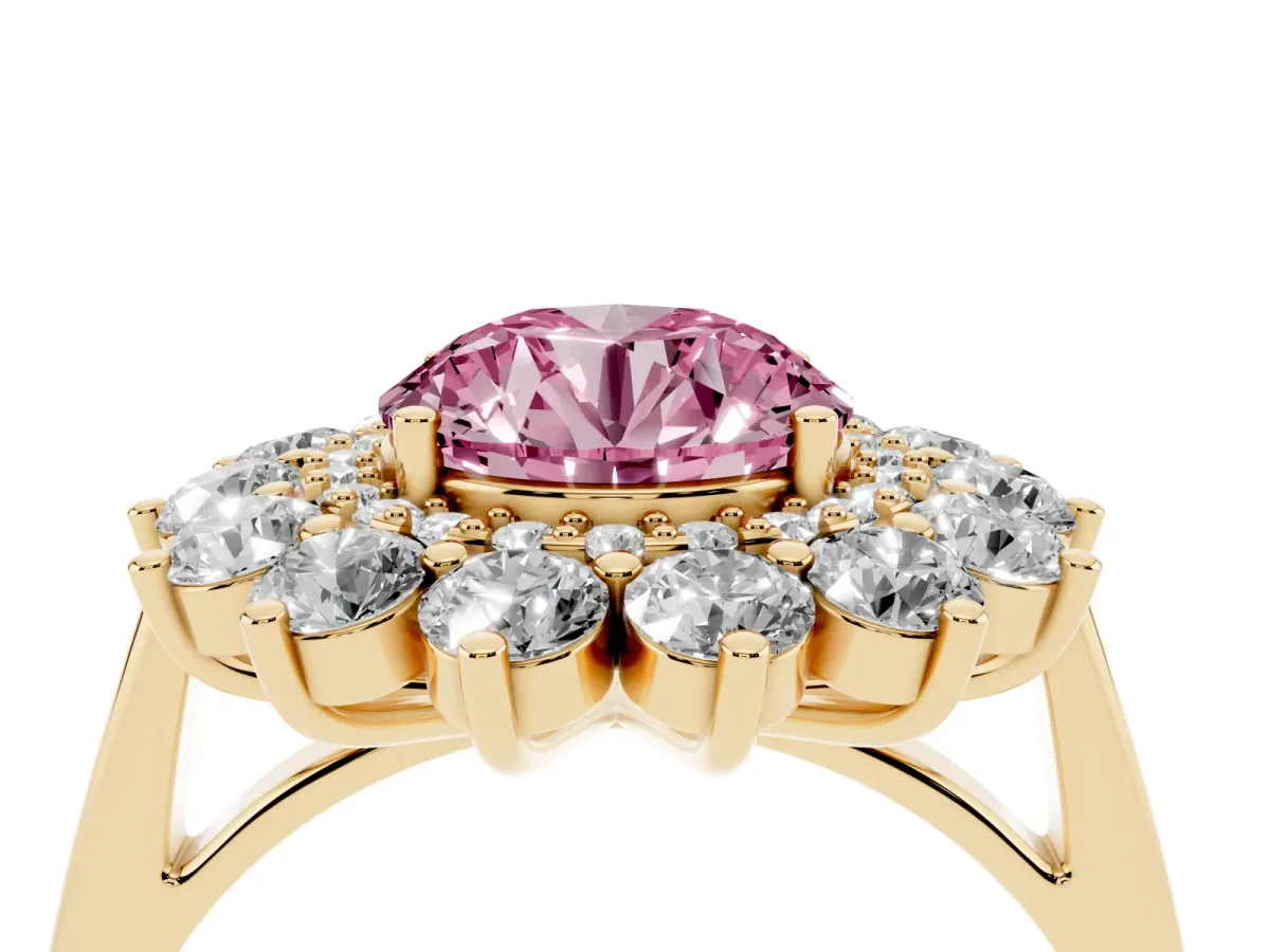 Fancy Pink Round Cut Diamond Floral Double Halo Engagement Ring with Prong Setting Yellow gold