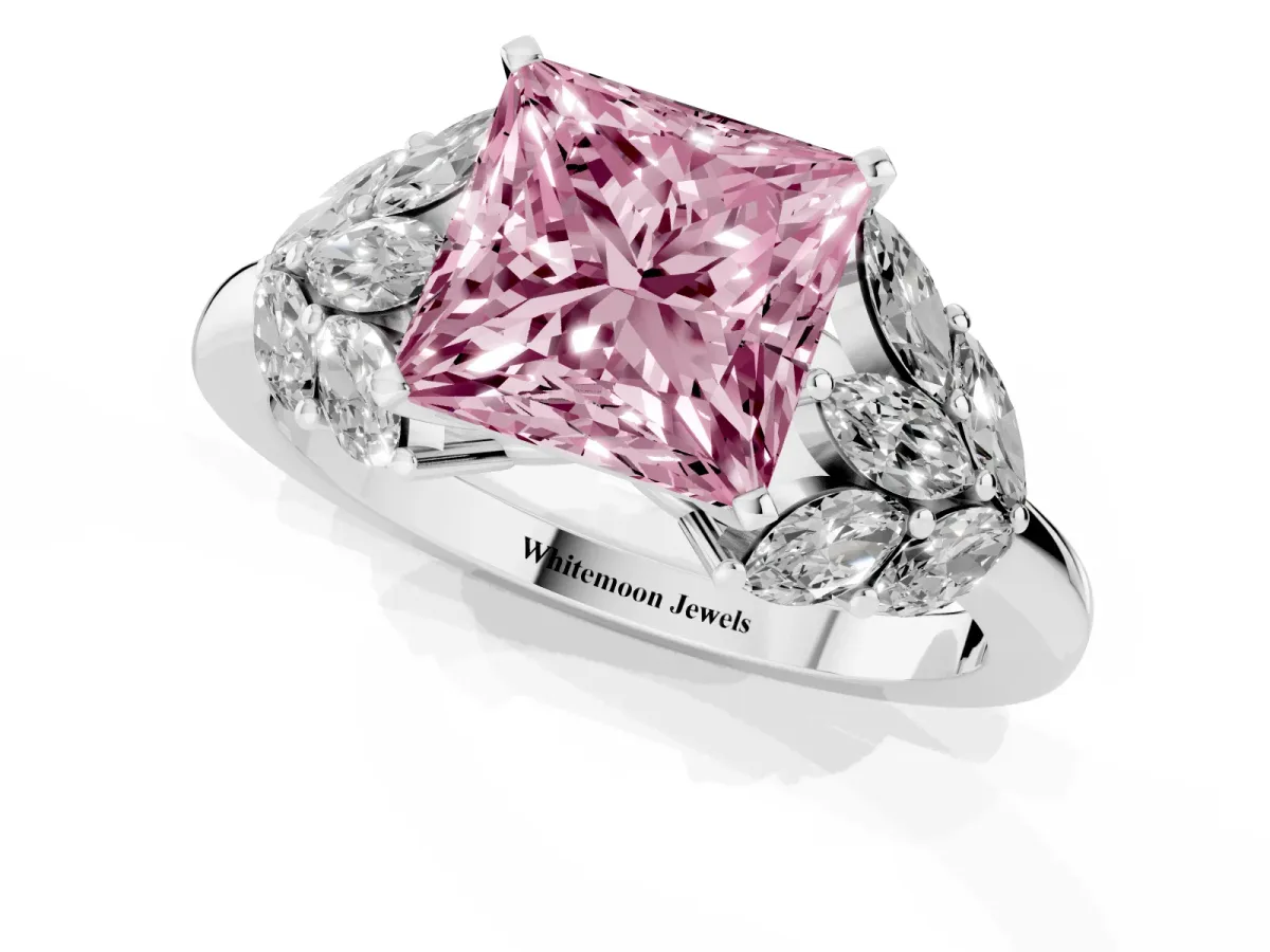Fancy Pink Princess Cut Diamond Cluster Leaf Design Ring with Prong Setting Silver