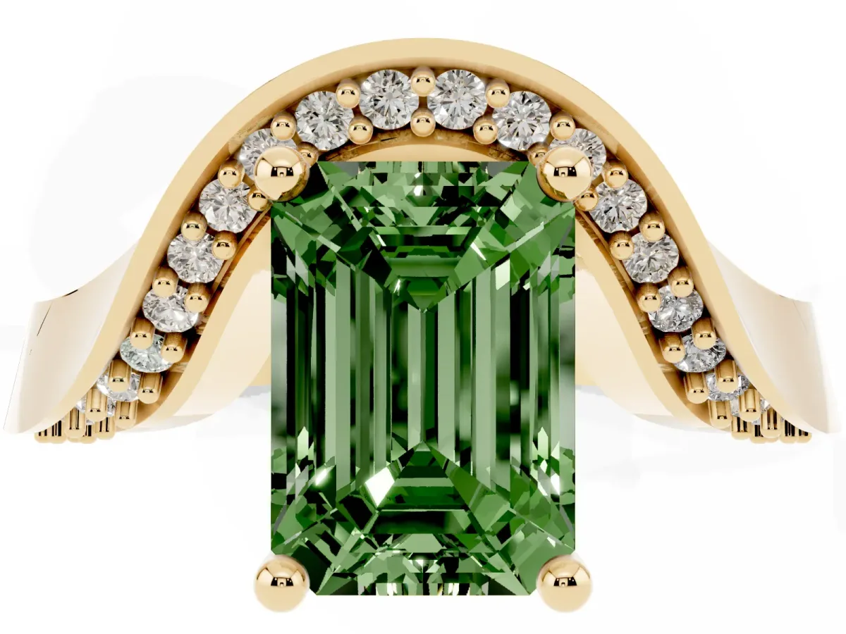 Fancy Green Emerald Cut Solitaire Diamond Engagement Ring with Pave Band and Four-Prong Setting Yellow gold