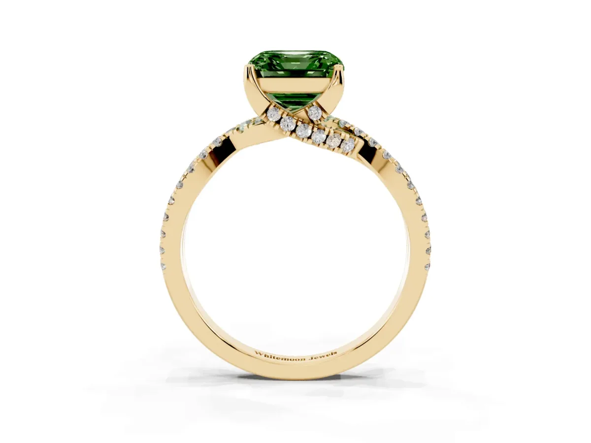 Fancy Green Asscher Cut Solitaire Twist Pave Diamond Engagement Ring with Prong Setting Yellow gold