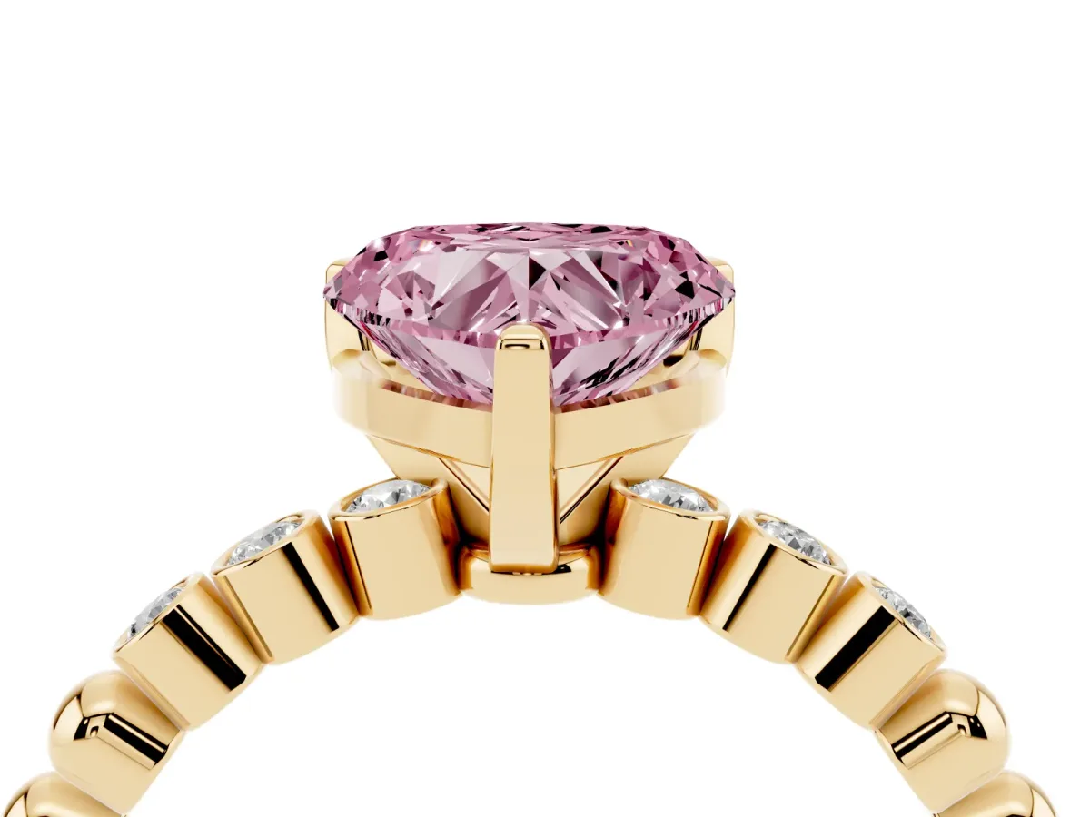Fancy Pink Heart Cut Solitaire Bezel Accent Diamond Engagement Ring with Beaded Band and Four-Prong Setting Yellow gold