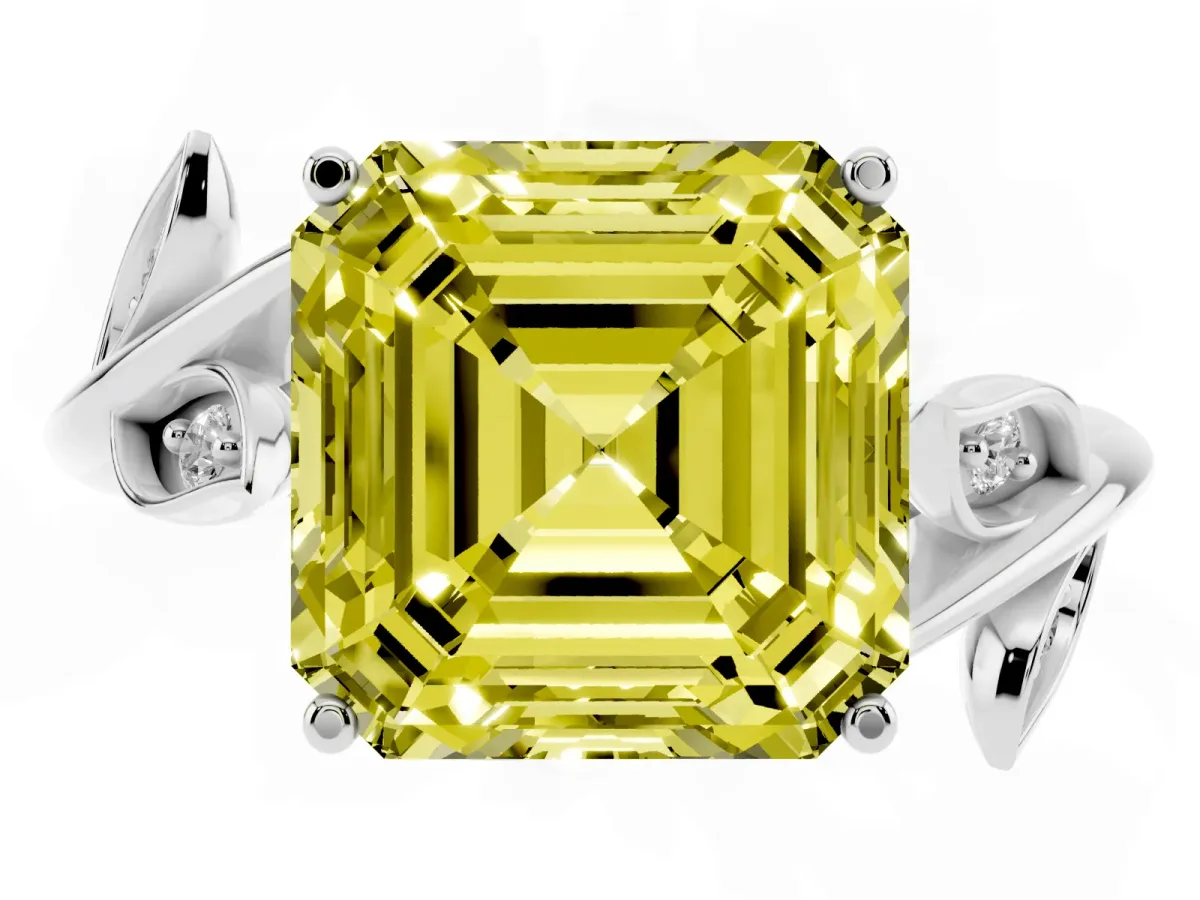 Fancy Yellow Asscher Cut Solitaire Twist Engagement Ring with Leaf Accents and Prong Setting Platinum