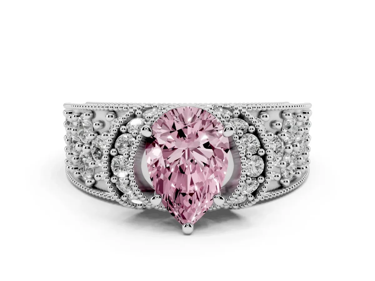 Fancy Pink Pear Cut Halo Pave Diamond Engagement Ring with Milgrain Detailing Silver