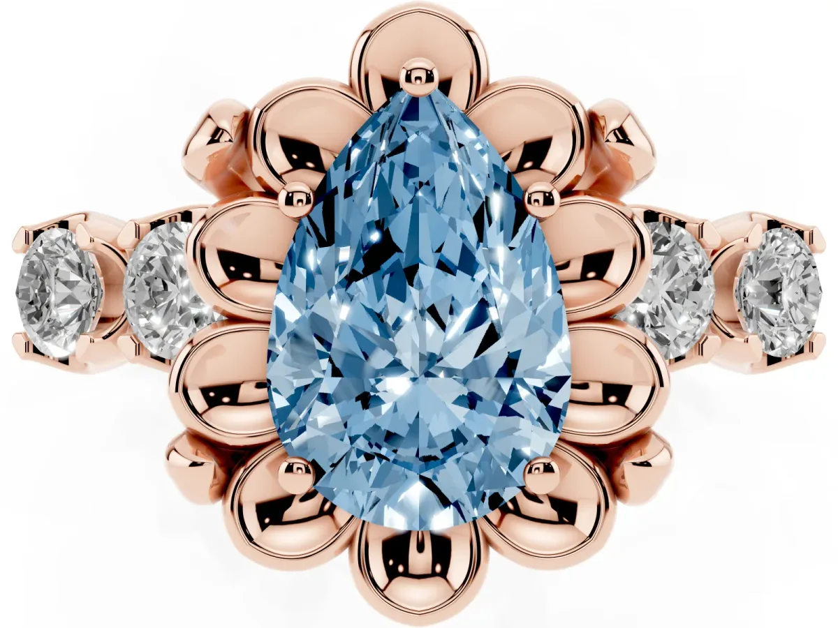 Fancy Blue Pear Cut Cut Diamond Floral Halo Engagement Ring with Shared Prong Setting Rose gold